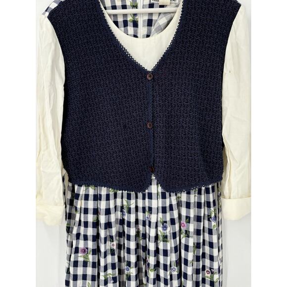 Allison Che Vintage Dress Womens 16 Blue White Check Print Maxi Vest Ruffles - Picture 5 of 16